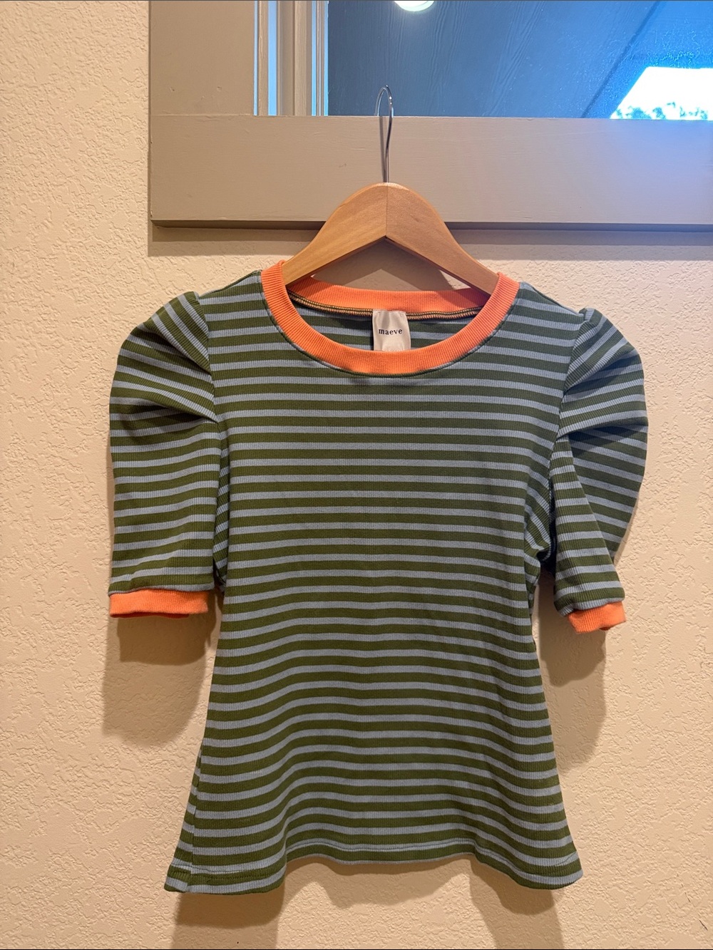 Eomen's Striped Puff-Sleeve Top - Olive & Light Blue with Orange Trim